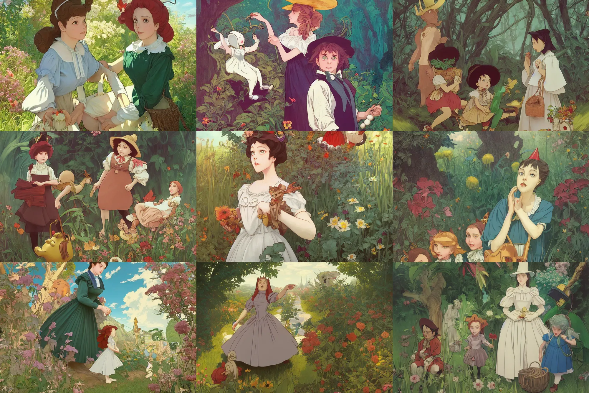 Prompt: scene from the wizard of oz / alice in wonderland crossover, whimsical, finely illustrated face, highly detailed, baroque, digital painting, studio ghibli, tankobon, in the style of ilya kuvshinov and krenz cushart and william - adolphe bouguereau and alphonse mucha