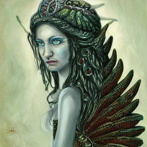 Image similar to an ancient lovecraftian like godess with wings and jewelllery on its head watching silently painting by belksinski