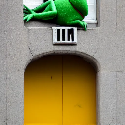 Prompt: street photography picture of kermit the frog sleeping in the doorway of an oppressive evil building. fugifilm 4 k