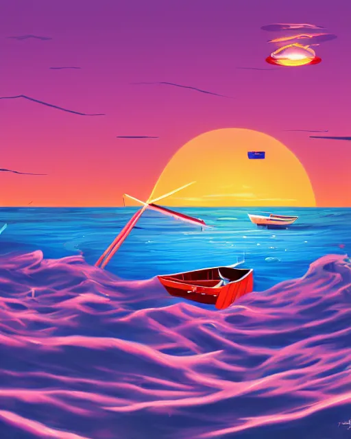 Image similar to a painting of a boat in a body of water, computer graphics by andre pijet, behance contest winner, pop surrealism, 2 d game art, digital illustration, outrun