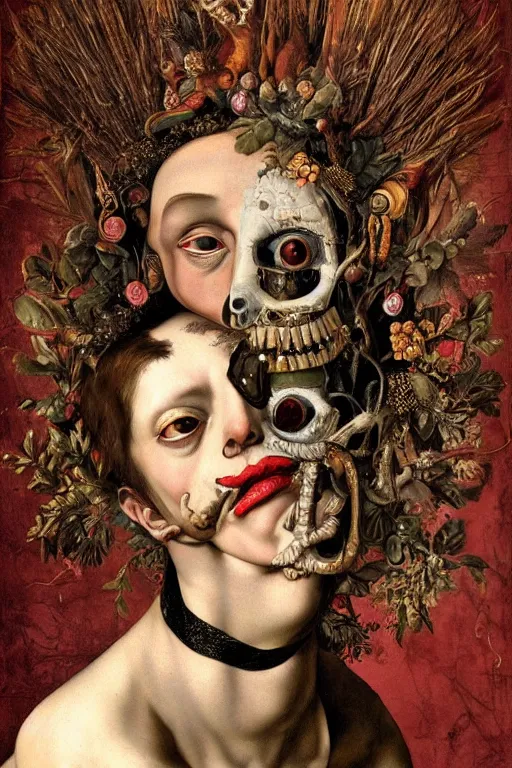 Image similar to Detailed maximalist portrait with large lips and with large wide eyes, surprised expression, surreal extra flesh and bones, HD mixed media, 3D collage, highly detailed and intricate, illustration in the style of Caravaggio, dark art, baroque