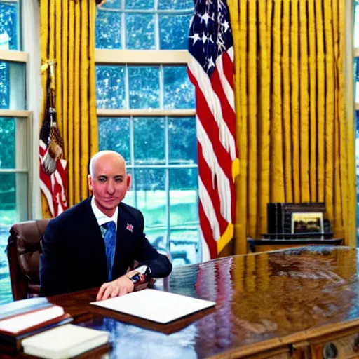 Image similar to jeff bezos as the president of the united states in the oval office