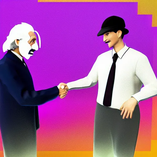 Prompt: 3d render of Albert Einstein and Nikola Tesla handshaking, pixar style, digital art, unreal engine 5, trending on artstation, Vibrant colors, Smooth gradients