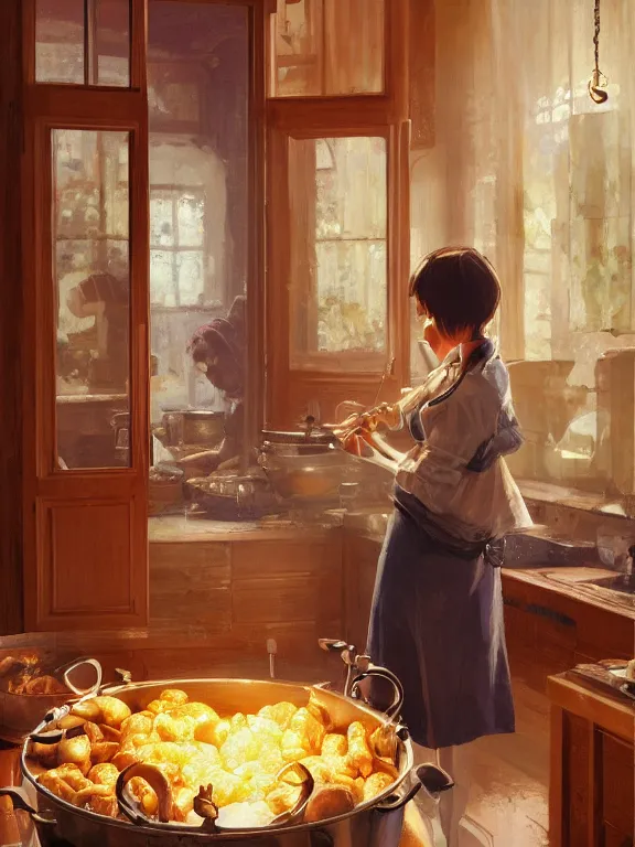 Prompt: a ultradetailed beautiful panting of an old key made of cooper, with intricate detail, cooking potatoes in a 6 0's kitchen who can open the door to the mind, oil panting, high resolution 4 k, by ilya kuvshinov, greg rutkowski and makoto shinkai