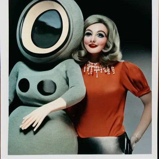 Image similar to 1976 film still glamorous woman photo and her friend, an anthropomorphic stomach, traveling in France, live action children's tv show, 16mm film live soft color, earth tones and some primary colors 1976, wacky, in style of john waters doris wishman russ meyer, woman looks like sharon tate