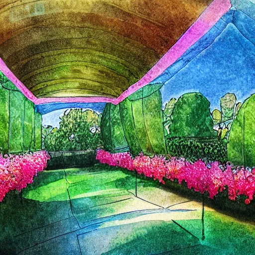 Image similar to delicate garden on paper floating puffy vines botanical herbarium botanic watercolors iridescent 8 k wide angle realistic artstation italian rainbow colonnade oak pine liberty architecture pompeii