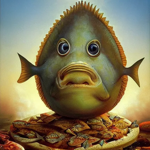 Image similar to a worried fish on the top of a pile of fish, all the fish are inside a cooking pot on the fire, side view, by vladimir kush, dystopian art, rococo