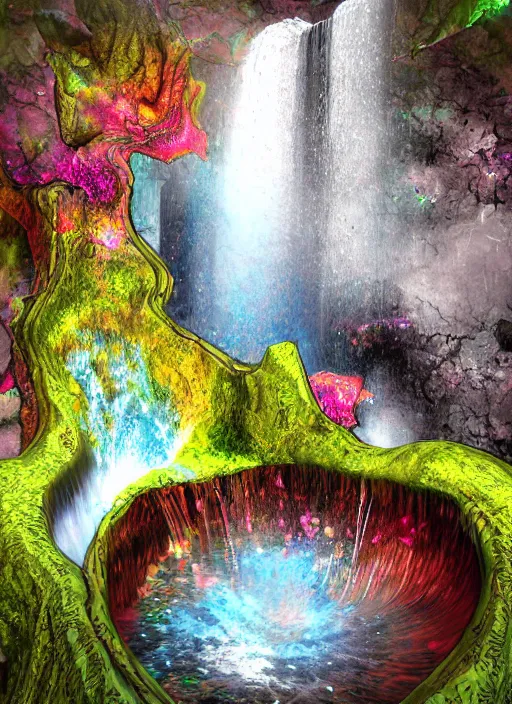 Image similar to a 3 d fractalpunk illustration of a waterfall, colors splashing and spattering the ground