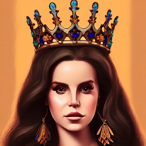 Prompt: portrait of lana del rey as a medieval queen, intricate, elegant, highly detailed, digital painting, artstation, concept art, smooth, sharp focus, illustration, art by studio ghibli, 8 k