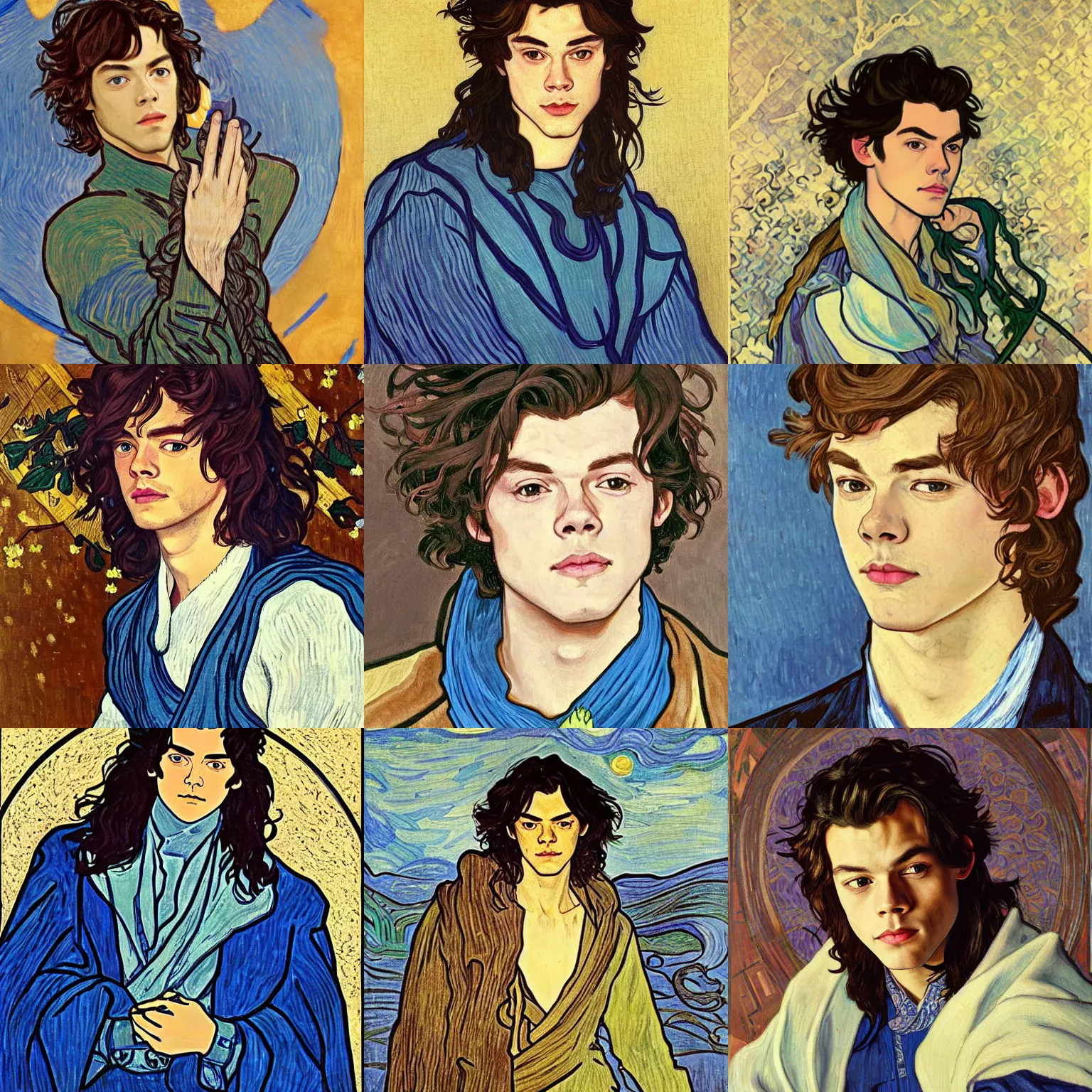 Prompt: portrait painting of harry styles! man with long! wavy dark hair and blue eyes in his 2 0 s named taehyung minjun james at the blueberry party, wearing armor!, gorgeous hair, elf ears, icy eyes, elegant, cute, delicate, soft facial features, art by alphonse mucha, vincent van gogh, egon schiele,