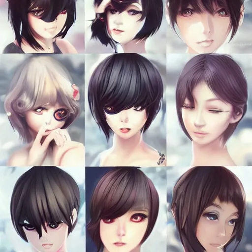 Image similar to beautiful anime girl art by yan gisuka, JeonSeok Lee, artgerm, Ross draws, zeronis, Chengwei Pan on artstation #short hair #black hair #black top #earrings #makeup #age 26 #lipstick #mysterious