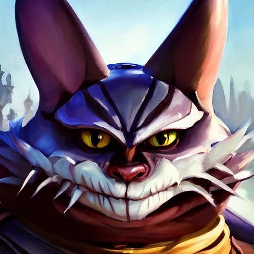 Image similar to greg manchess portrait painting of partially armored cheshire cat from alice in wonderland as overwatch character, medium shot, asymmetrical, profile picture, organic painting, sunny day, matte painting, bold shapes, hard edges, street art, trending on artstation, by huang guangjian, gil elvgren, ruan jia, randy vargas, greg rutkowski