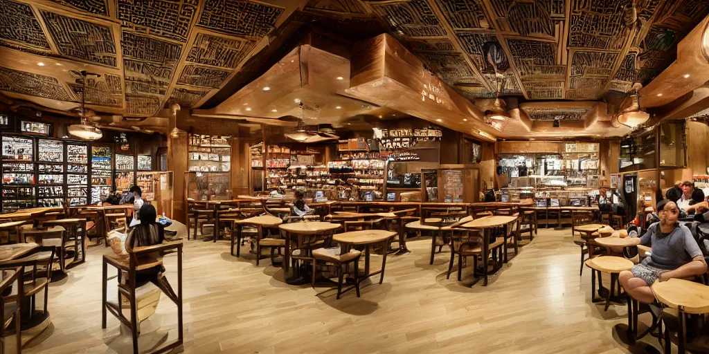 Image similar to interior of a starbucks built inside the forbidden city in china, photography