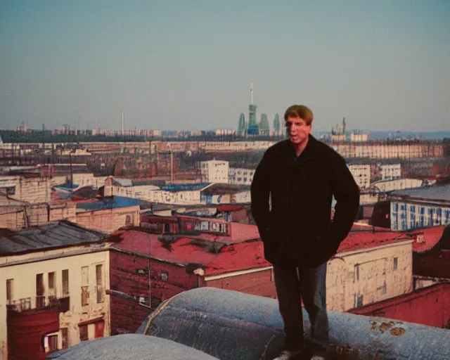 Image similar to lomo photo of man standing on the roof of soviet hrushevka, small town, cinestill, bokeh, out of focus