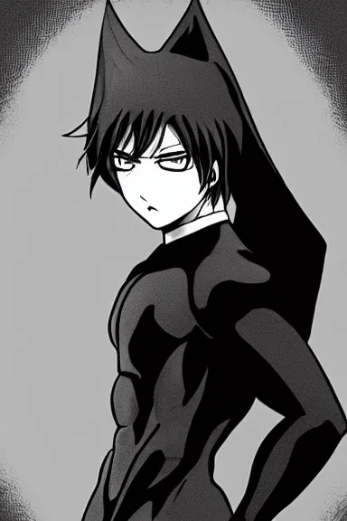 Prompt: attractive little boy in black cat suit with cape, black and white artwork made by boichi,