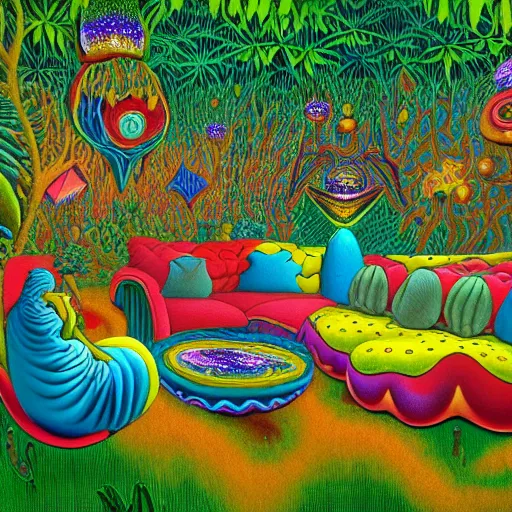 Image similar to psychedelic couch sofa in the lush forest, milky way, designed by moebius, rob gonsalves, gustav dore, giuseppe arcimboldo and carl barks, louis wain, trending on artstation, canada, star, sharp focus, colorful refracted sparkles and lines, soft light, 8 k 4 k