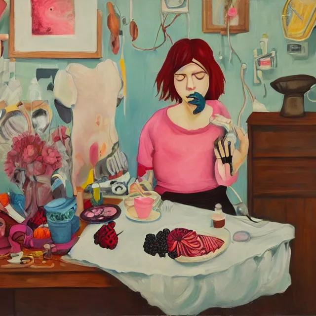 Prompt: a self - portrait in a female artist's bedroom, a crying emo girl eating pancakes, berries, surgical equipment, handmade pottery, flowers, sensual, octopus, neo - expressionism, surrealism, acrylic and spray paint and oilstick on canvas