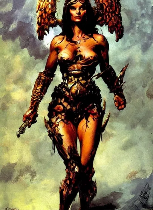 Image similar to portrait of european female chaos angel, beautiful! coherent! by frank frazetta, by brom, strong line, deep color, copper armor, iron helm, high contrast, maximalist