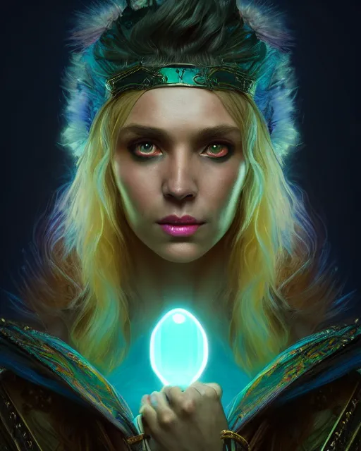 Image similar to epic fantasy render portrait of a beautiful bioluminescent woman with glowing eyes, dark retrowave, highly detailed, digital painting, cinematic, hyperrealism, rpg portrait, dynamic lighting, art by stefan kostic and magali villeneuve and alphonse mucha, artstation, octane render, cgsociety