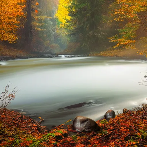 Image similar to beautiful mountain view next to a stream flowing, beautiful autumn morning, sunshine rays coming through the misty forest, ominous evil necromancer floating above the river staring at you. Magic realism hyperrealism photo-realistic lifelike maximalist psychedelic photography by Greg Rutowski and Keith Thompson 8k