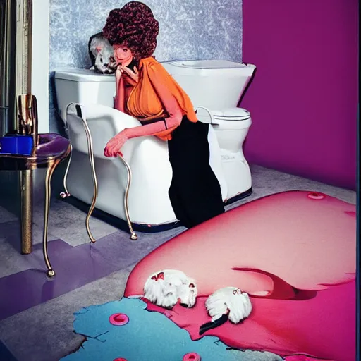 Image similar to a studio portrait of a beautiful fashion model that is curling her hair and hir dogs in the curls. surreal photograph, toiletpaper magazine, 3 5 mm photograph, colourful, by pierpaolo ferrari, maurizio cattelan, sandy skoglund