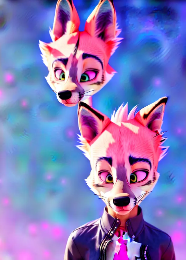 Prompt: portrait of a cute male anime wolf with pink hair and pink wolf ears and freckles stylish clothes in a city in the style of zootopia, volumetric lighting, subsurface scattering, photorealistic, octane render, random artists