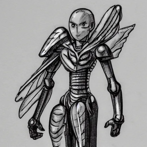 Image similar to A humanoid mosquito, reminiscent of a winged medieval knight. One punch man style.