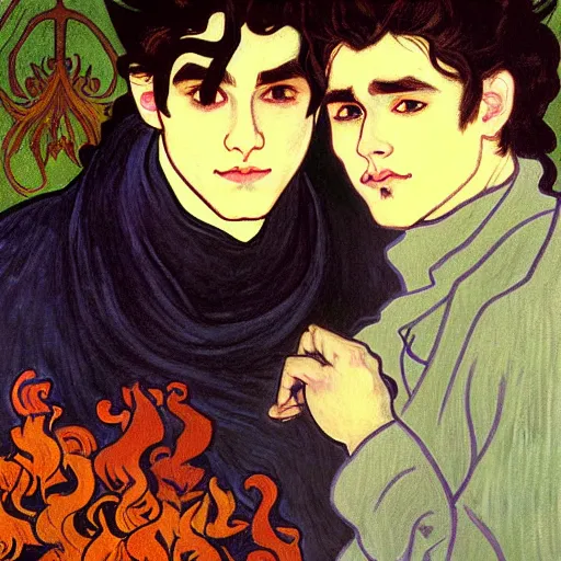 Image similar to painting of young cute handsome beautiful dark medium wavy hair man in his 2 0 s named shadow taehyung and cute handsome beautiful min - jun together at the halloween party, bubbling cauldron, candles, smoke, tarot, autumn colors, elegant, stylized, soft facial features, delicate facial features, art by alphonse mucha, vincent van gogh, egon schiele