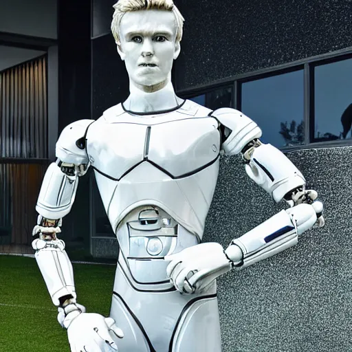 Image similar to a realistic detailed photo of a guy who is an attractive humanoid who is half robot and half humanoid, who is a male android, soccer player martin ødegaard, shiny skin, posing like a statue, blank stare, by the pool, on display, showing off his muscles, humanoid robot, frozen ice statue, made of ice