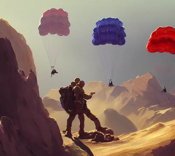 Image similar to five parachutists go to the plane, portrait, close view, painting by craig mullins, octane rendering, soft morning lighting, wide angle lens, in the style of hayao miyazaki, trending on artstation,