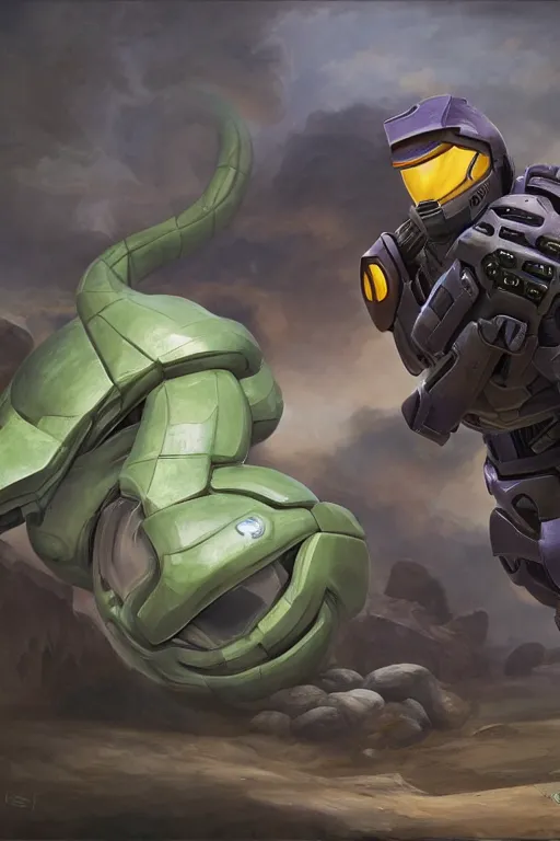 Image similar to arbok pokemon pokemon playing as master chief, oil on canvas, intricate, 8 k highly professionally detailed, hdr, cgsociety