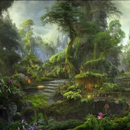 Prompt: a beautiful and highly detailed matte painting of a magical fantasy garden in a lush forest, intricate details, epic scale, insanely complex, 8 k, sharp focus, hyperrealism, by caspar friedrich,