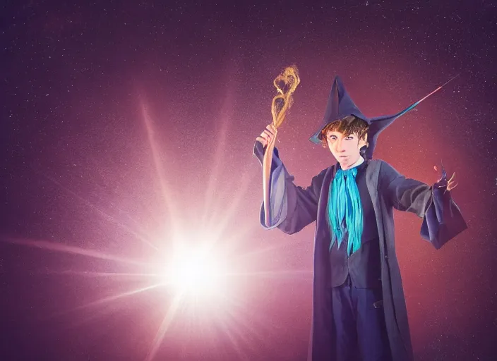 Image similar to a young adult wizard with very detailed face, hair clothes and shoes holds their wand fiercely in their hand from which a blast of bright magic flies from the end of the wand, on an empty moonlit hill, dramatic lighting, lens flare, 3 5 mm full frame professional photography, kodachrome