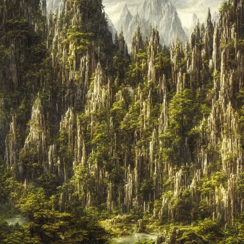 Prompt: A beautiful and highly detailed oil painting of beautiful elven temple in the mountains, detailed plants, trees and cliffs, rivendell, intricate details, sharp focus, hyper realism, by Caspar Friedrich,