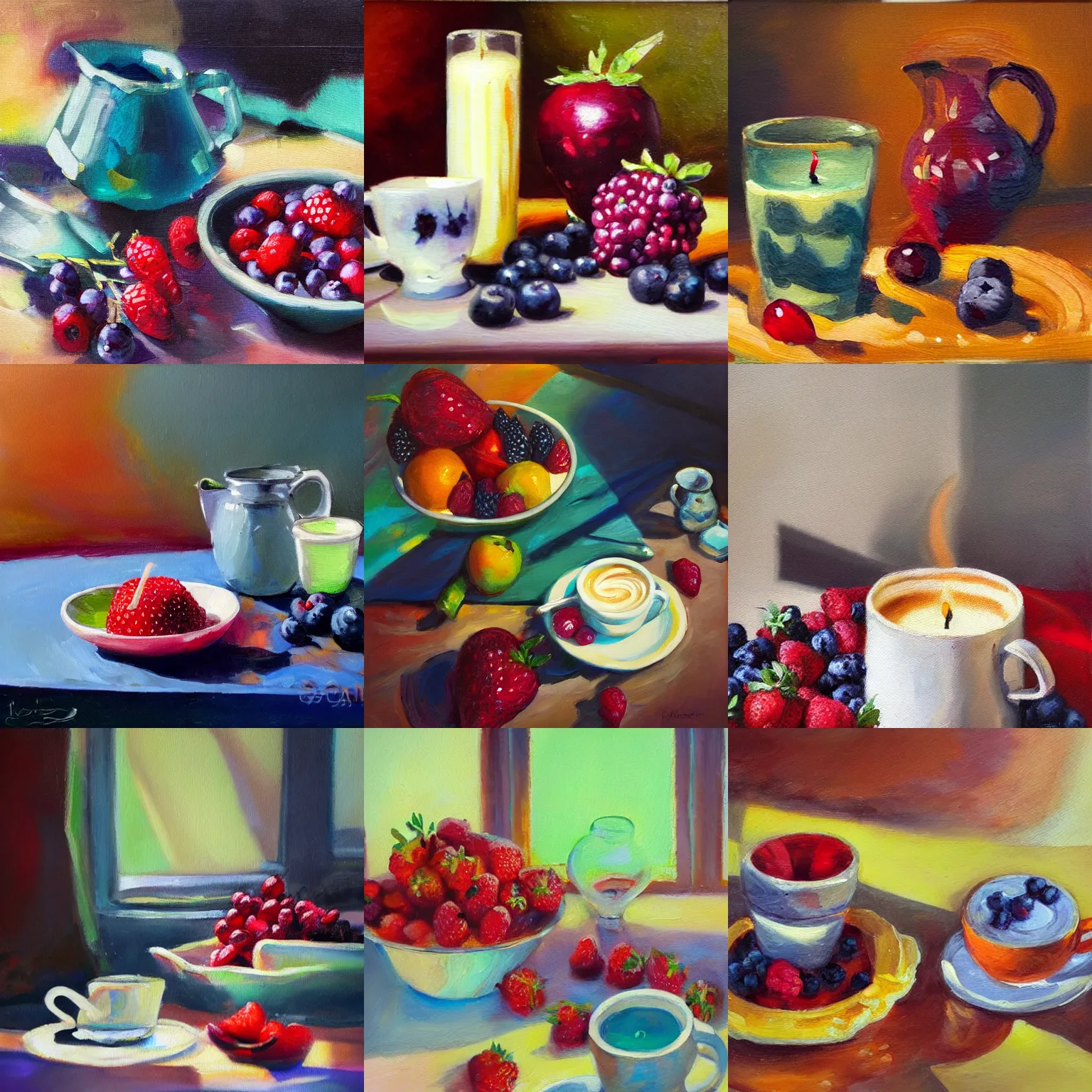 Prompt: breakfast with berries and coffee, a small candle on the side, oil painting, glassware, thick strokes, vibrant, colorful, shiny, bright, reflections, sunlit, sharp, subsurface scattering, sharp edges, hazy, field of view