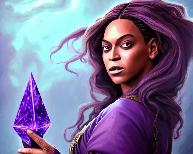 Image similar to a mind - blowing portrait of beyonce as a wizard, purple hair, bat familiar on her sholder, deep focus, d & d, fantasy, intricate, elegant, highly detailed, digital painting, artstation, concept art, matte, sharp, illustration, hearthstone, art by artgerm and greg rutkowski and alphonse mucha