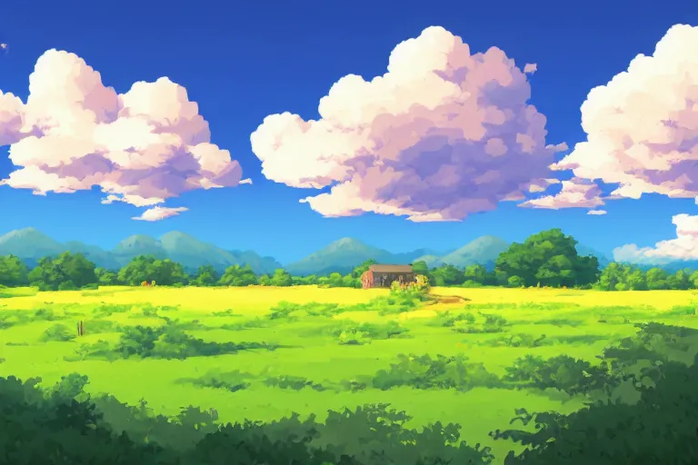 Prompt: landscape, summer, morning, beautiful cloud, quiet, no people, Anime Background, illustration, sharp focus, intricate, super wide angle, trending on artstation, trending on deviantart, pixelart, pixelperfect, pixel art, pixel, color limit, nearest neighbor, hard edges, art of Kirokaze pixel, art of Regular FHC, art of Pixel Jeff Franek, art of Aaron Hain, art of kryssalian