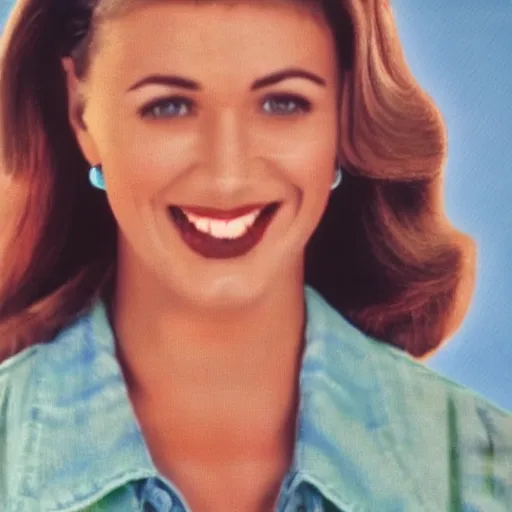 Image similar to vintage 90s VHS video still of a woman on a commercial promoting a new 90s car, realistic photo