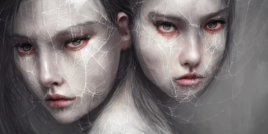 Image similar to hyperrealistic photography of a highly detailed and symmetrical gorgeous nordic female covered with luminous spiderwebs in the style of jin kagetsu, james jean and wlop, highly detailed, face symmetry, highly realistic hands, masterpiece, award - winning, sharp focus, intricate concept art, ambient lighting, 8 k, artstation