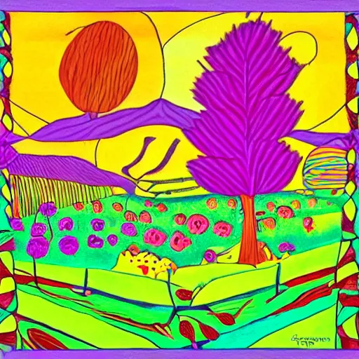 Image similar to chaotic by larry carlson color field paintingcubist, fuchsia. a beautiful drawing depicting a farm scene. the drawing shows a view of an orchard with trees in bloom.