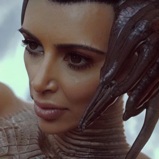 Prompt: film still of kim kardashian in the movie Alien, alien spider mounted to her face as she tries to resist, spider webbed body, scary cinematic wide shot, full body pov, 4k.