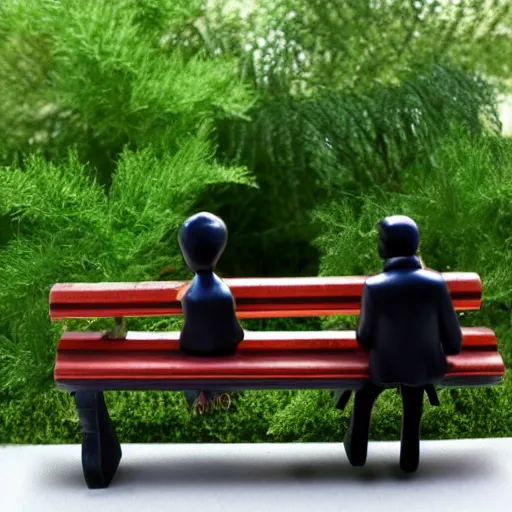 Prompt: a couple sitting on a park bench, diorama