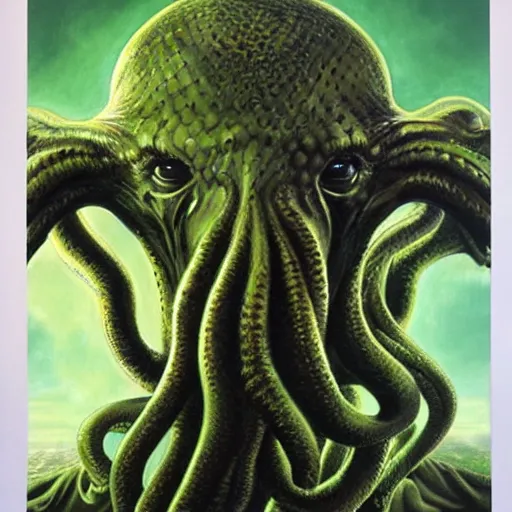 Image similar to ultra - realistic portrait painting of cthulhu. art by larry elmore. 4 k. ultra - realistic. highly detailed. epic lighting