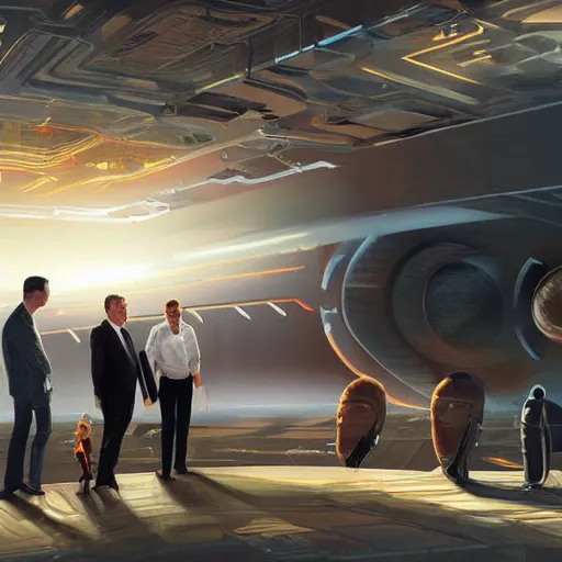 Image similar to illustration of a meeting between elon musk, mark zuckenberg, jeff bezos, very detailled, by artgem, by david rutkowski