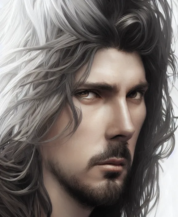 Image similar to portrait close up of guy, concentrated look, symmetry, long hair. d & d, fantasy, intricate, elegant, highly detailed, digital painting, artstation, concept art, art by artgerm and greg rutkowski and alphonse mucha, boris vallejo