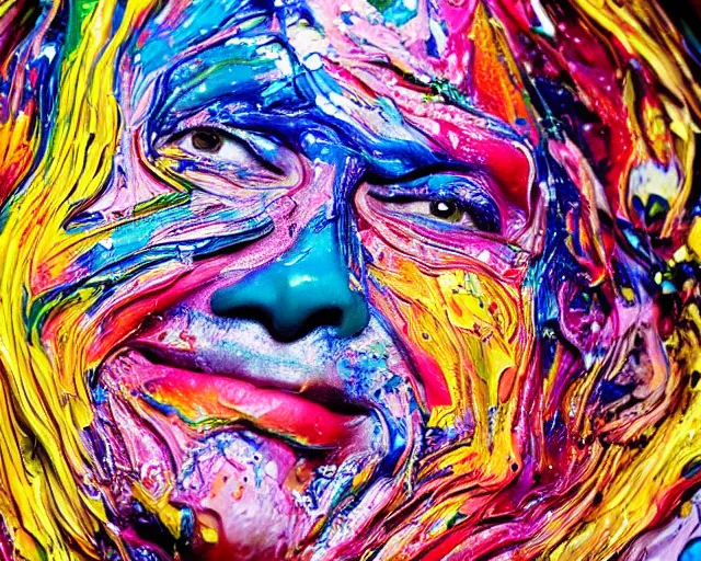 Image similar to still shot close up footage of the portrait of a human head made of acrylic pour and splashing paint and paint explosion and dripping paint and flying paint chunk, motion blur, hyperrealistic, medical, intricate art photography, anatomically correct, realistic crisp textures, 1 6 k