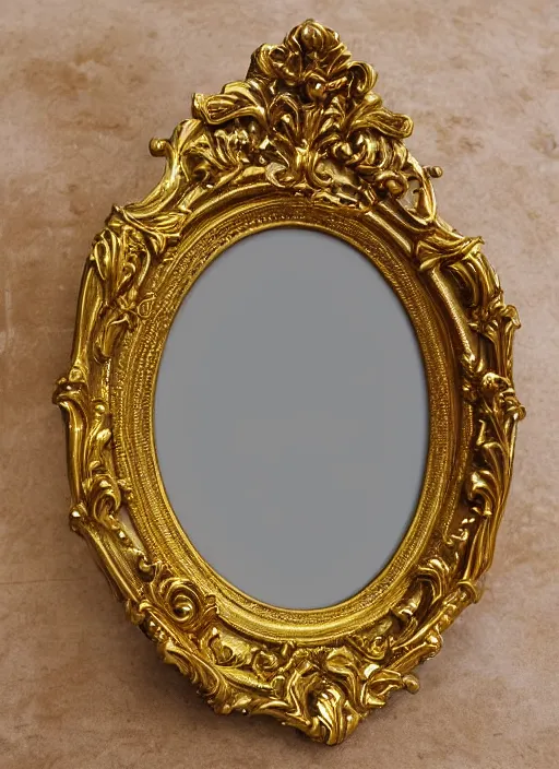 Image similar to beautiful baroque oval portrait picture frame, royal, gilded with gold, magical, fantasy, metallic, product photography