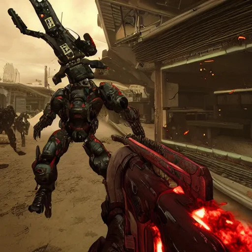 Prompt: real life doom slayer walking on human bloody dead bodies, shooting with heavy bolt rifle towards demons