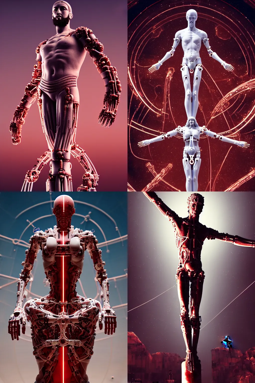 Prompt: a statue jesus on cross made of red marble, space station, perfect symmetrical body, full body shot, white biomechanical, wearing epic bionic cyborg implants, inflateble shapes, tubes, wires, veins, masterpiece, intricate, biopunk, vogue, highly detailed, artstation, concept art, background galaxy, cyberpunk, octane render