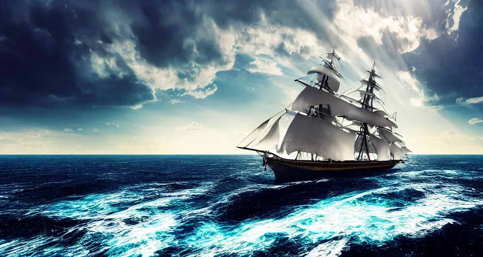 Prompt: a very large sailing ship in the middle of the sea, big waves, blue skies, voluminous clouds, dramatic lighting, sunshine rays, deep colors, masterpiece, amazing, beautiful, light bloom, photo - realistic, hyperdetailed, hyperrealistic, photography, 8 k resolution, behance hd, trending in artstation, octane render